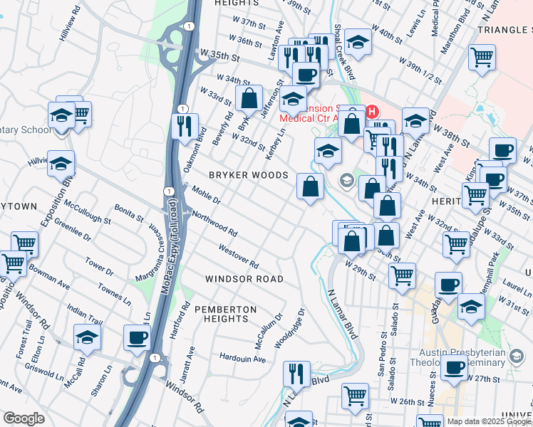 map of restaurants, bars, coffee shops, grocery stores, and more near 1510 Mohle Drive in Austin