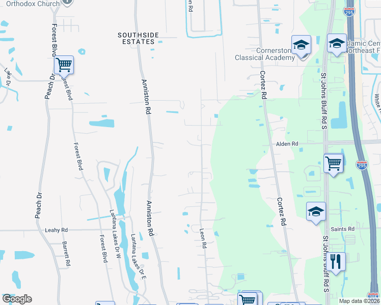 map of restaurants, bars, coffee shops, grocery stores, and more near 10180 Alden Road in Jacksonville