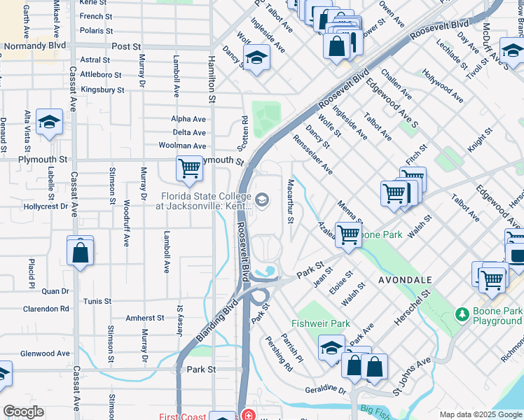 map of restaurants, bars, coffee shops, grocery stores, and more near 3939 Roosevelt Boulevard in Jacksonville