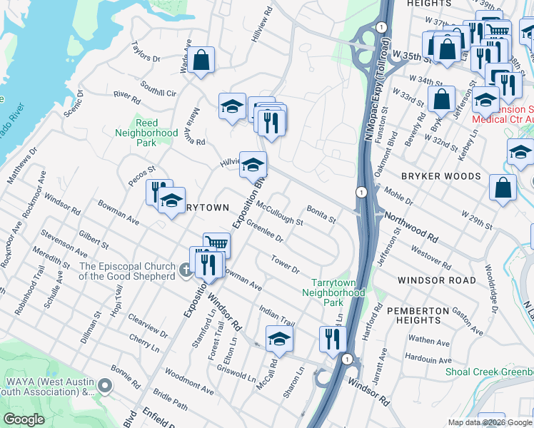 map of restaurants, bars, coffee shops, grocery stores, and more near 2511 McCullough Street in Austin