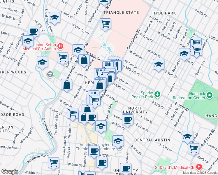 map of restaurants, bars, coffee shops, grocery stores, and more near in Austin