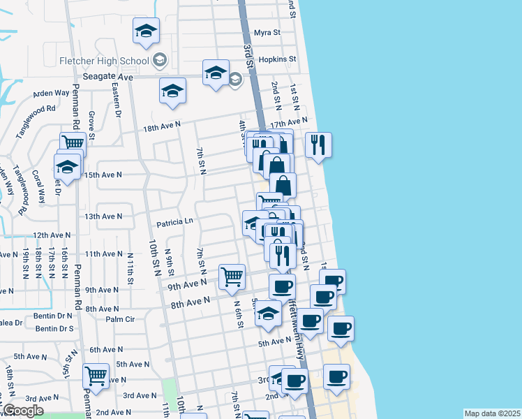 map of restaurants, bars, coffee shops, grocery stores, and more near 1250 3rd Street North in Jacksonville Beach