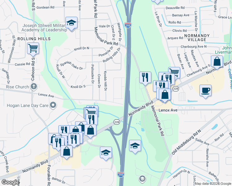 map of restaurants, bars, coffee shops, grocery stores, and more near 1234 South Skye Drive in Jacksonville