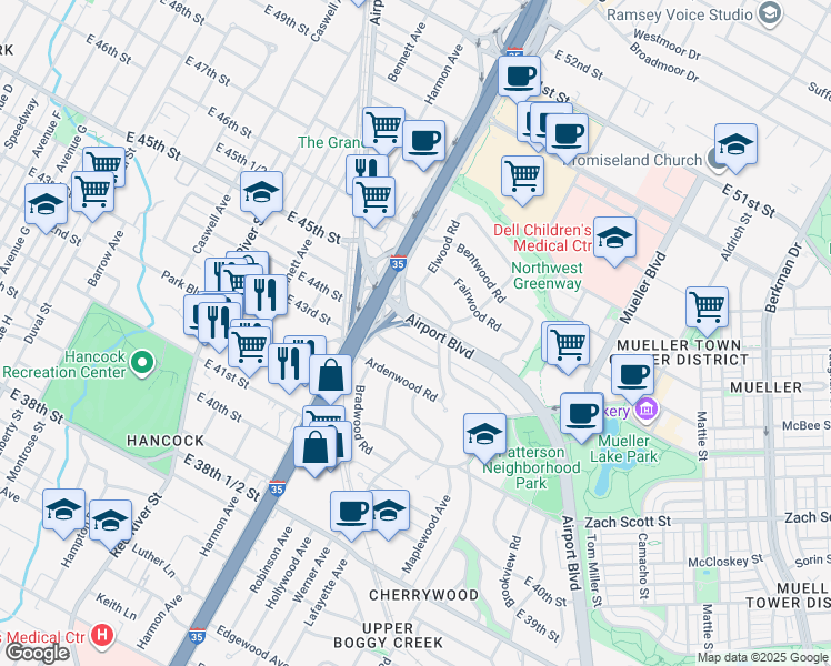 map of restaurants, bars, coffee shops, grocery stores, and more near 1206 Crestwood Road in Austin