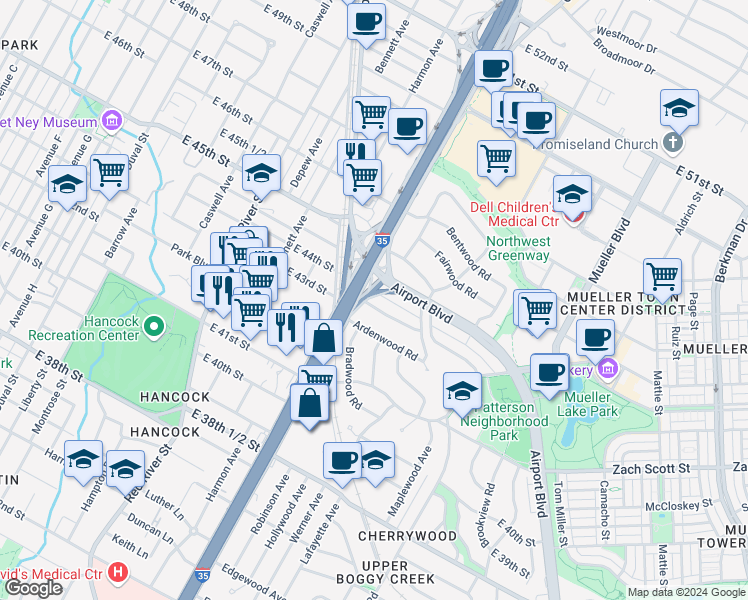 map of restaurants, bars, coffee shops, grocery stores, and more near 1206 Crestwood Road in Austin