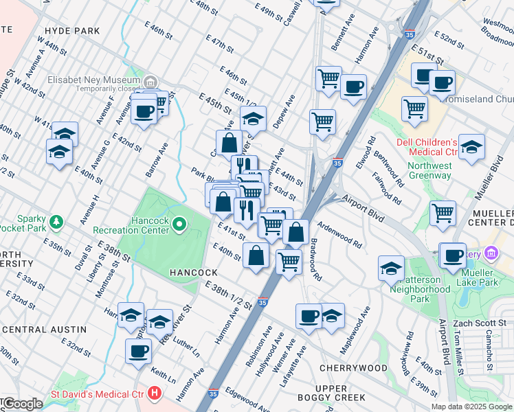 map of restaurants, bars, coffee shops, grocery stores, and more near 1000 East 41st Street in Austin