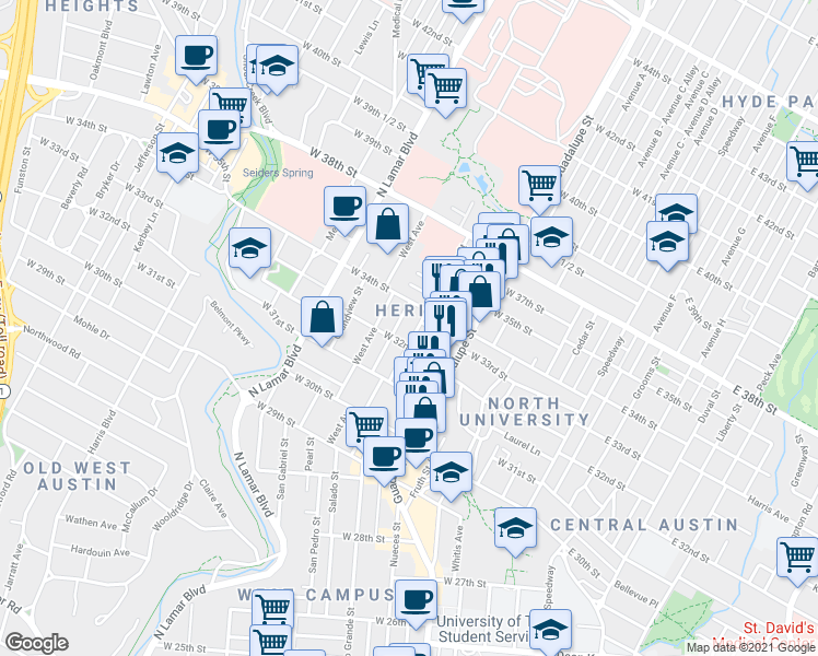 map of restaurants, bars, coffee shops, grocery stores, and more near 612 West 32nd Street in Austin