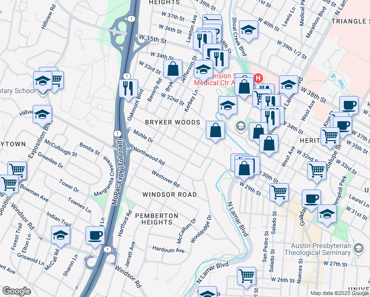 map of restaurants, bars, coffee shops, grocery stores, and more near 1510 Mohle Drive in Austin