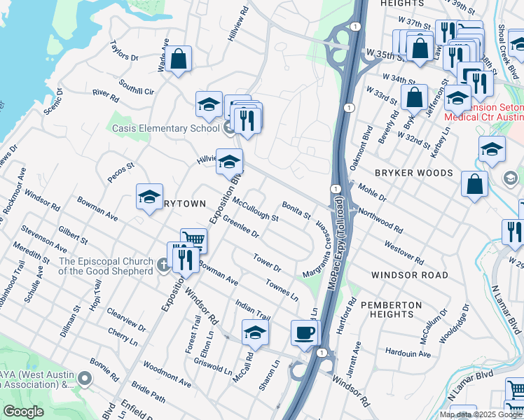 map of restaurants, bars, coffee shops, grocery stores, and more near 2613 Delwood Place in Austin