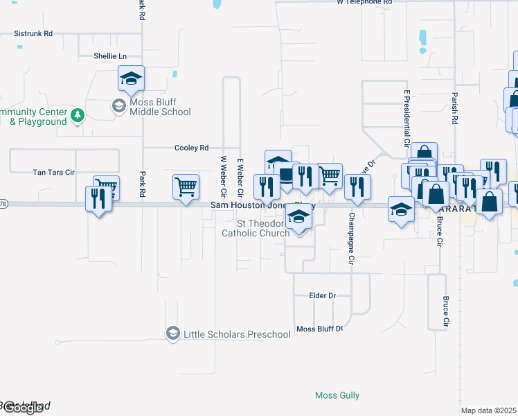 map of restaurants, bars, coffee shops, grocery stores, and more near 869 Sam Houston Jones Parkway in Moss Bluff
