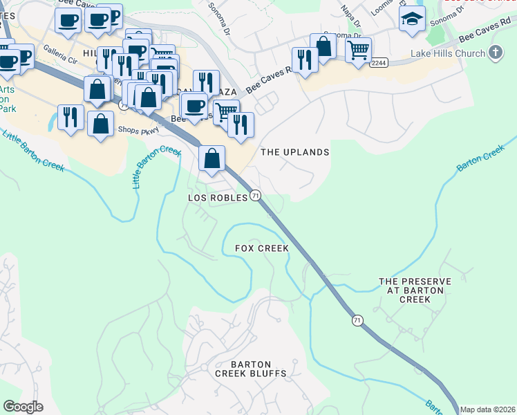 map of restaurants, bars, coffee shops, grocery stores, and more near 12351 Texas 71 in Bee Cave