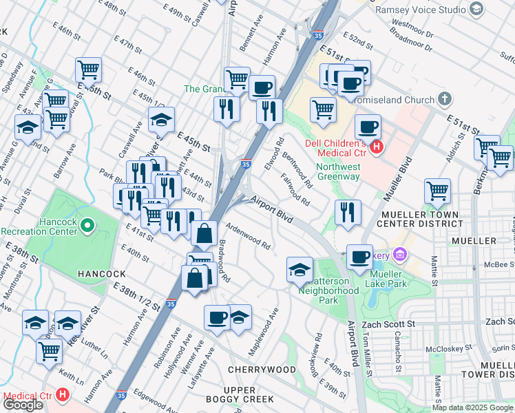 map of restaurants, bars, coffee shops, grocery stores, and more near 1206 Crestwood Road in Austin
