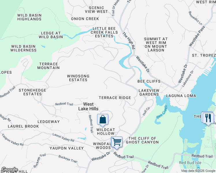 map of restaurants, bars, coffee shops, grocery stores, and more near 401 Terrace Mountain Drive in West Lake Hills