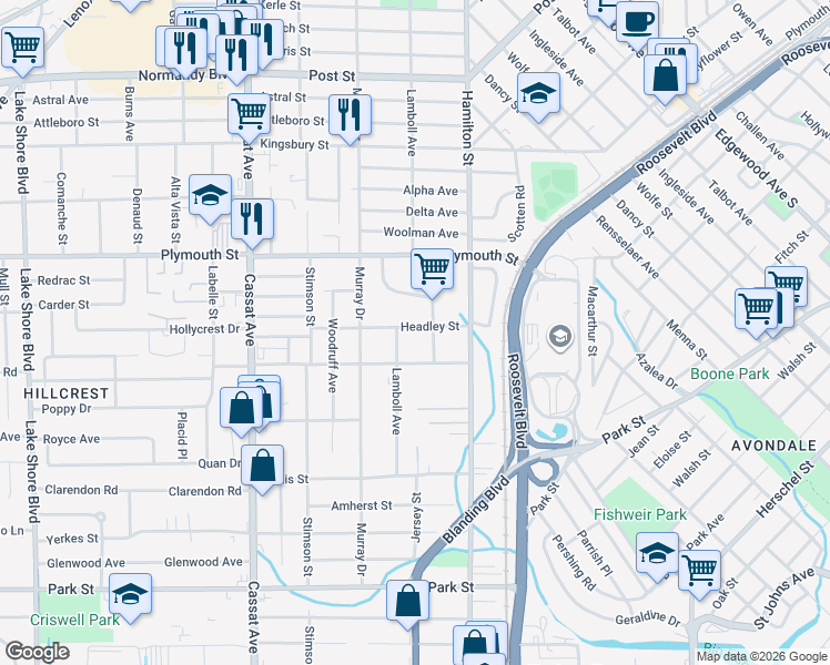 map of restaurants, bars, coffee shops, grocery stores, and more near 4624 Headley Street in Jacksonville