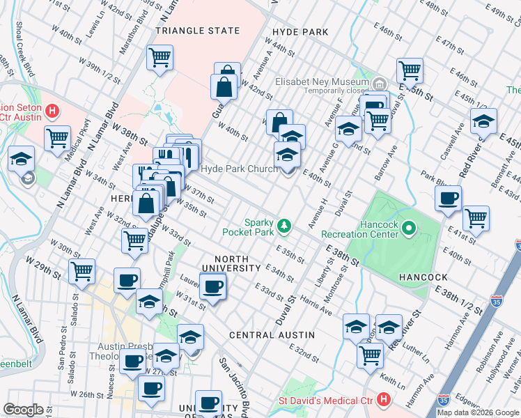 map of restaurants, bars, coffee shops, grocery stores, and more near West 38th Street & Speedway in Austin