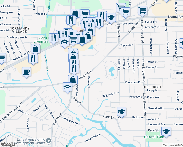 map of restaurants, bars, coffee shops, grocery stores, and more near 5850 Lenox Avenue in Jacksonville