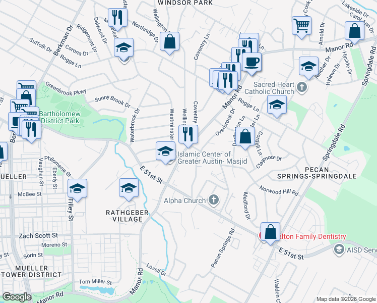 map of restaurants, bars, coffee shops, grocery stores, and more near 5313 Manor Road in Austin