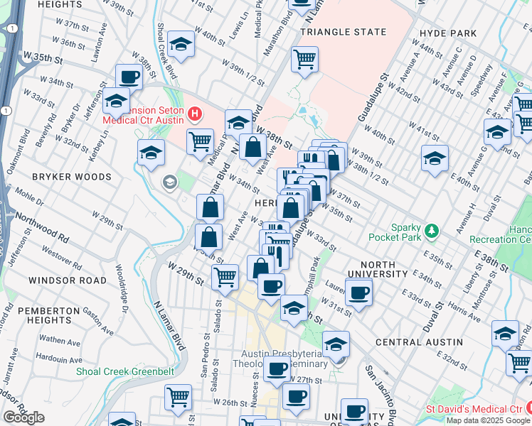 map of restaurants, bars, coffee shops, grocery stores, and more near 612 West 32nd Street in Austin