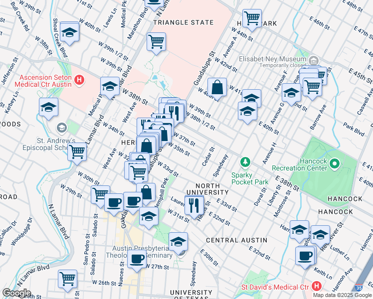 map of restaurants, bars, coffee shops, grocery stores, and more near 311 West 35th Street in Austin