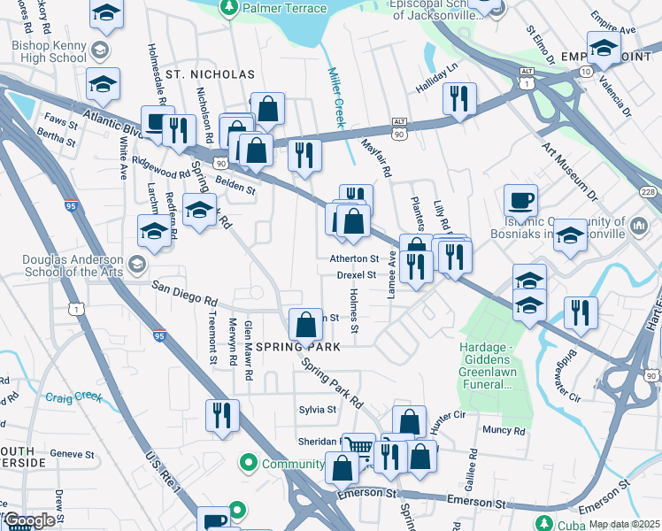 map of restaurants, bars, coffee shops, grocery stores, and more near 3506 Drexel Street in Jacksonville