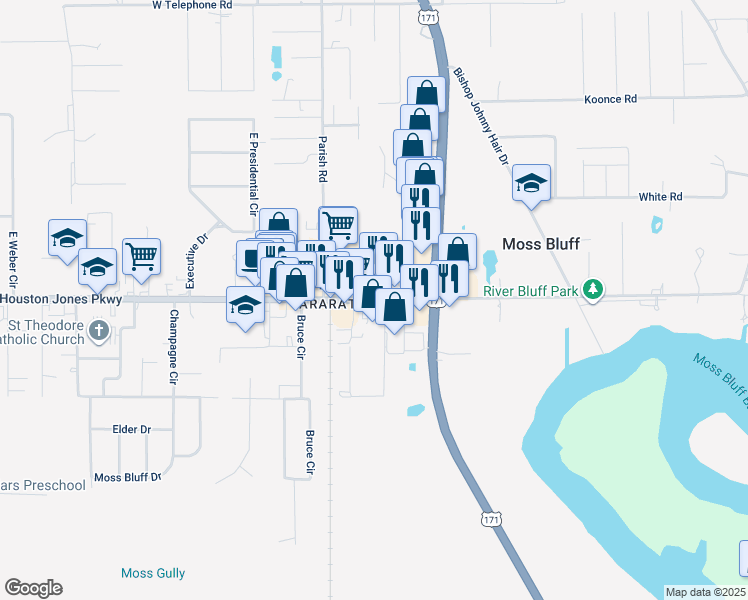 map of restaurants, bars, coffee shops, grocery stores, and more near 217 Sam Houston Jones Parkway in Lake Charles