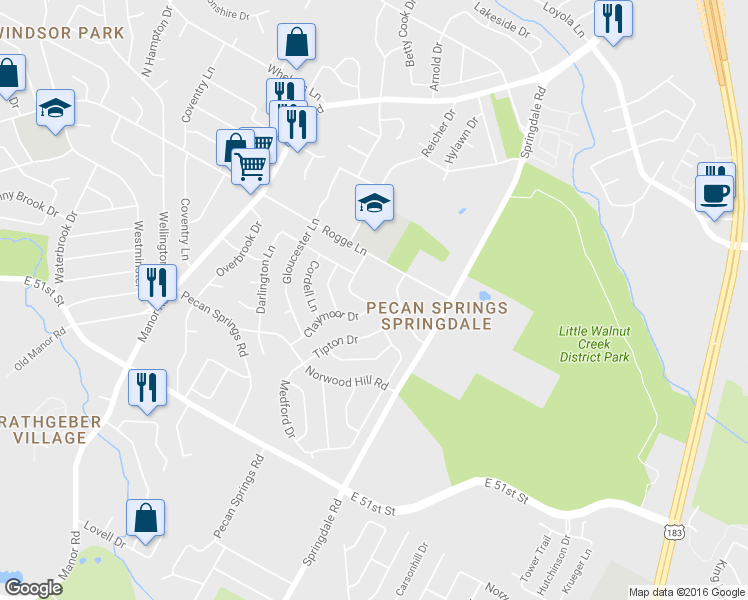map of restaurants, bars, coffee shops, grocery stores, and more near 3308 Woodbriar Lane in Austin
