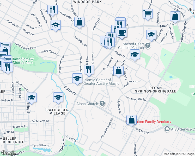 map of restaurants, bars, coffee shops, grocery stores, and more near 5303 Overbrook Drive in Austin