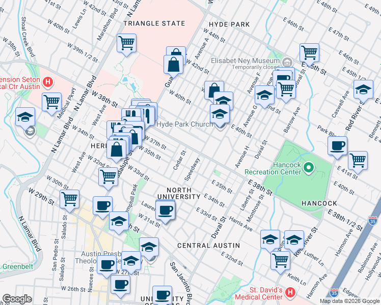 map of restaurants, bars, coffee shops, grocery stores, and more near 3506 Speedway in Austin