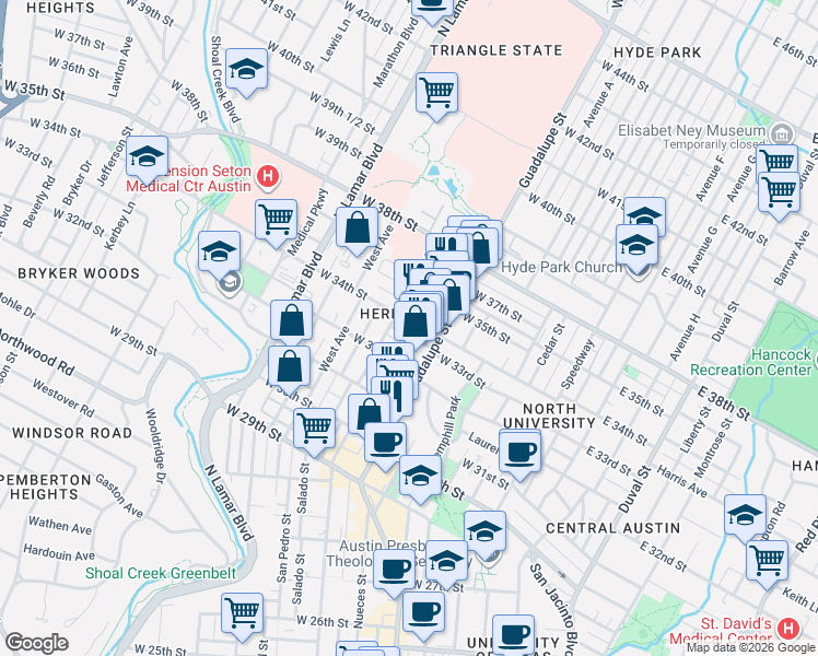 map of restaurants, bars, coffee shops, grocery stores, and more near 612 West 32nd Street in Austin