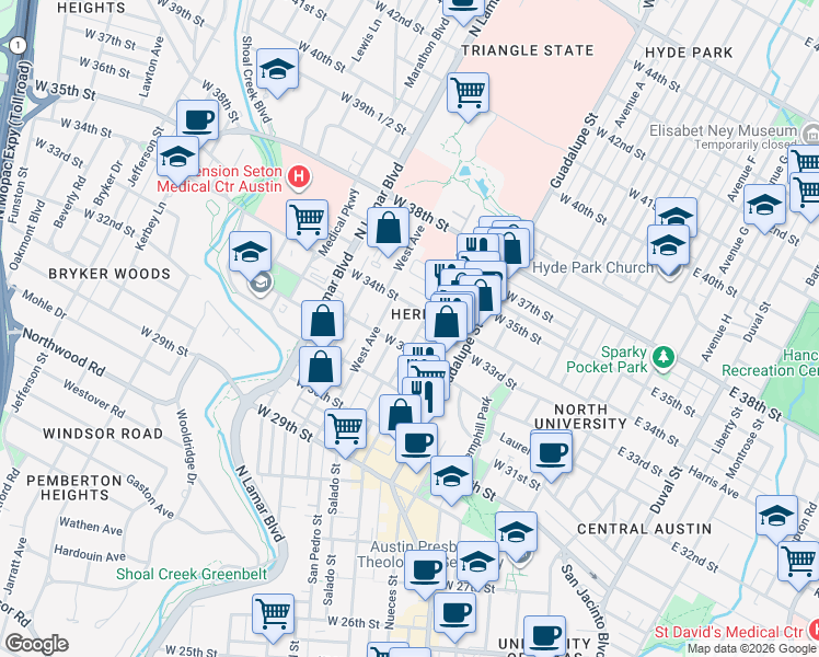 map of restaurants, bars, coffee shops, grocery stores, and more near 612 West 32nd Street in Austin