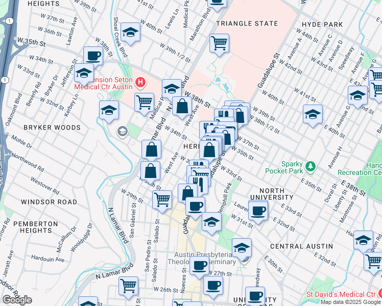 map of restaurants, bars, coffee shops, grocery stores, and more near 612 West 32nd Street in Austin