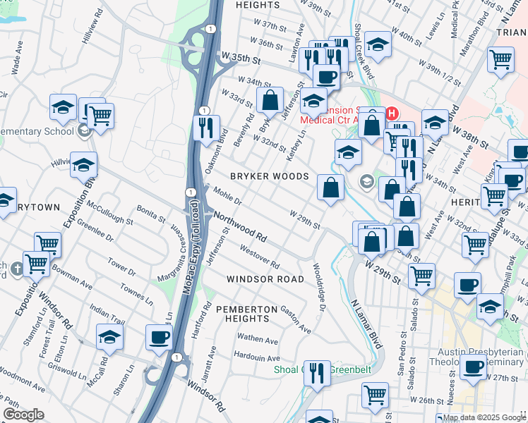 map of restaurants, bars, coffee shops, grocery stores, and more near 1510 Mohle Drive in Austin
