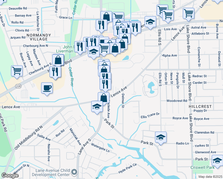 map of restaurants, bars, coffee shops, grocery stores, and more near 5929 Lenox Avenue in Jacksonville