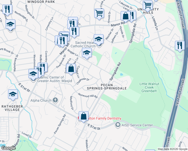 map of restaurants, bars, coffee shops, grocery stores, and more near 3308 Woodbriar Lane in Austin