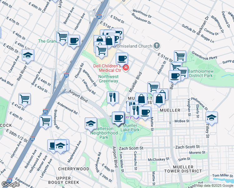 map of restaurants, bars, coffee shops, grocery stores, and more near 4646 Mueller Boulevard in Austin