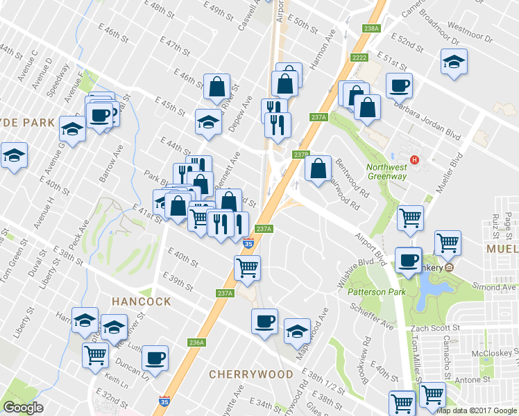map of restaurants, bars, coffee shops, grocery stores, and more near Clarkson Ave & E 43rd St in Austin