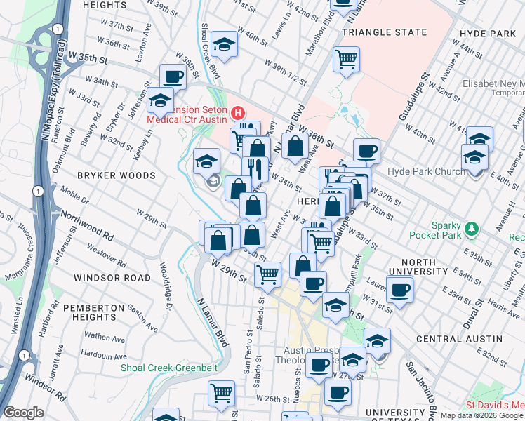 map of restaurants, bars, coffee shops, grocery stores, and more near 3108 West Avenue in Austin