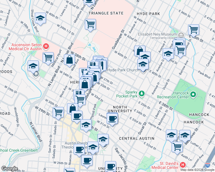 map of restaurants, bars, coffee shops, grocery stores, and more near 400 West 35th Street in Austin