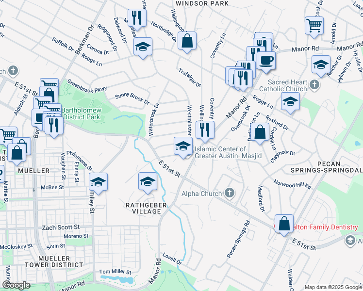 map of restaurants, bars, coffee shops, grocery stores, and more near 5205 Cloverdale Lane in Austin