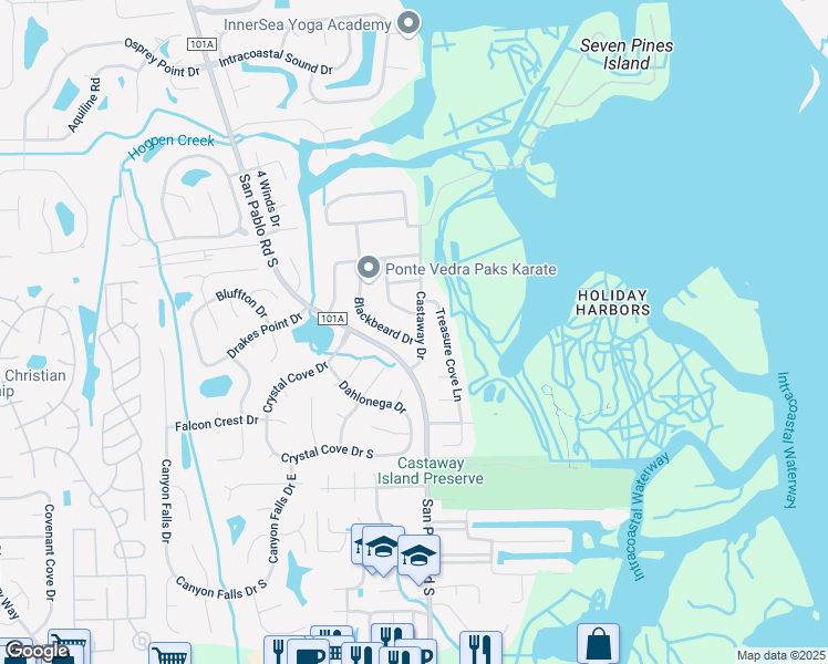 map of restaurants, bars, coffee shops, grocery stores, and more near 2492 Castaway Drive in Jacksonville