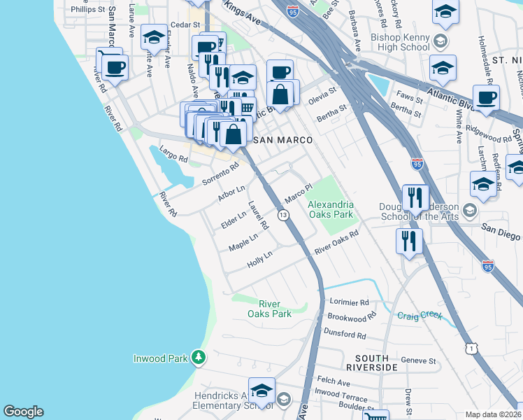 map of restaurants, bars, coffee shops, grocery stores, and more near 2405 Laurel Road in Jacksonville