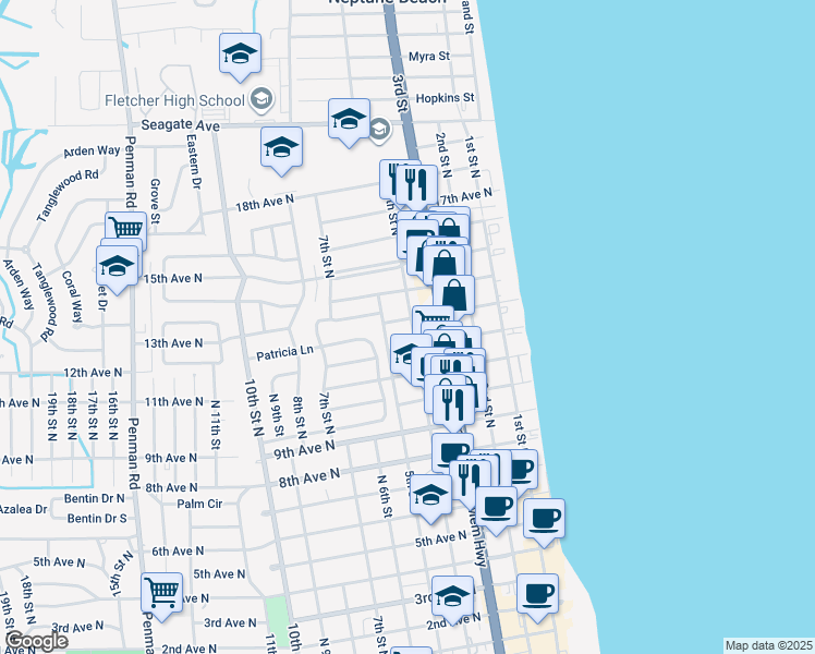 map of restaurants, bars, coffee shops, grocery stores, and more near 417 12th Avenue North in Jacksonville Beach