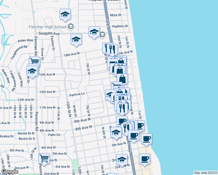 map of restaurants, bars, coffee shops, grocery stores, and more near 417 12th Avenue North in Jacksonville Beach