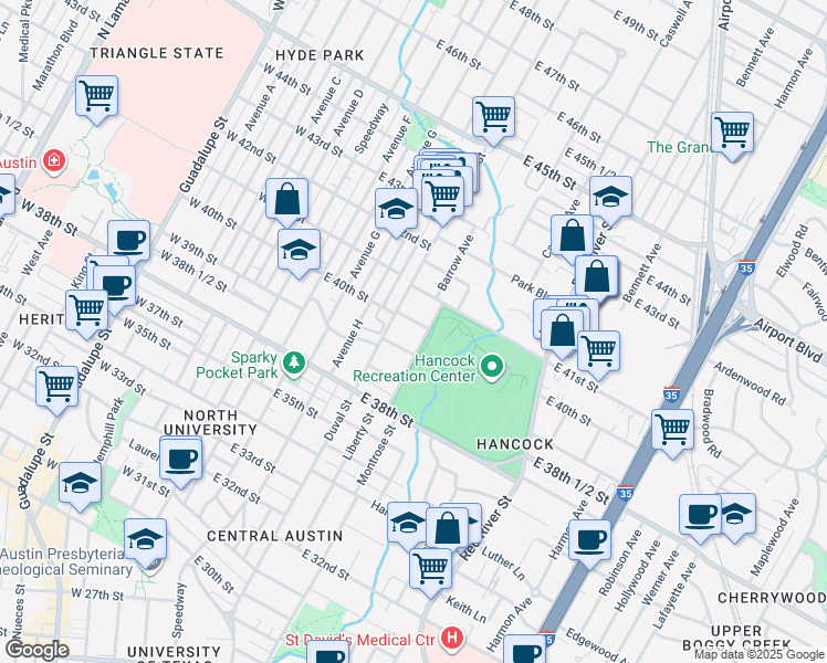 map of restaurants, bars, coffee shops, grocery stores, and more near 507 East 39th Street in Austin