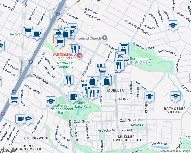 map of restaurants, bars, coffee shops, grocery stores, and more near 2200 Aldrich Street in Austin