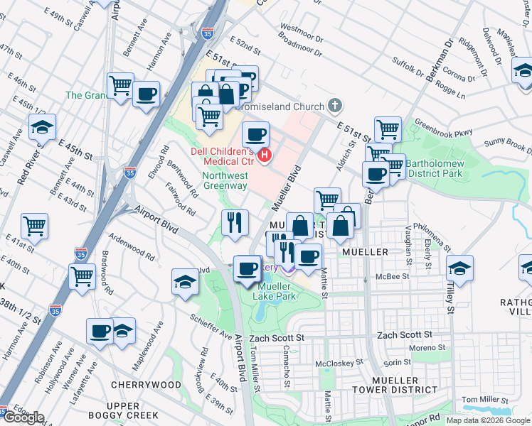 map of restaurants, bars, coffee shops, grocery stores, and more near 4700 Mueller Boulevard in Austin