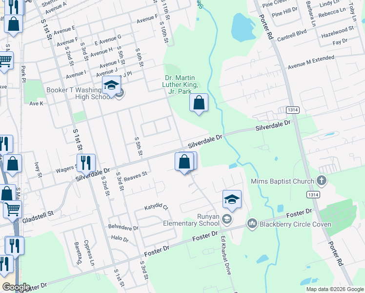 map of restaurants, bars, coffee shops, grocery stores, and more near 1303 South 7th Street in Conroe