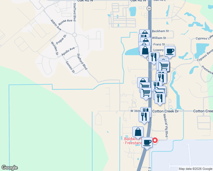 map of restaurants, bars, coffee shops, grocery stores, and more near 224 Headrick Circle in Gulf Shores