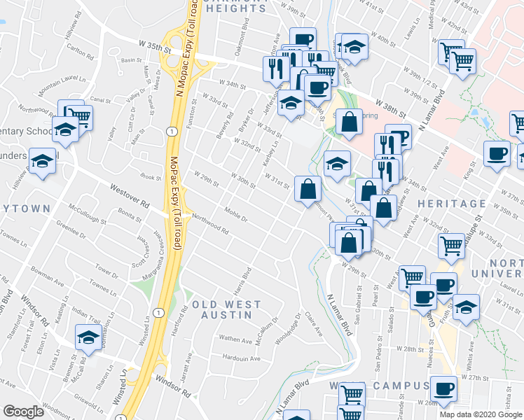 map of restaurants, bars, coffee shops, grocery stores, and more near West 29th Street in Austin