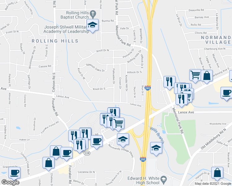 map of restaurants, bars, coffee shops, grocery stores, and more near 1223 Palisades Drive in Jacksonville